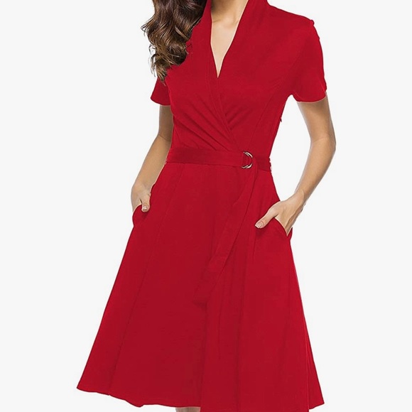 Hot Red V-Neck Short Sleeves Belted Swing Party Dresses with Pockets - Picture 5 of 5